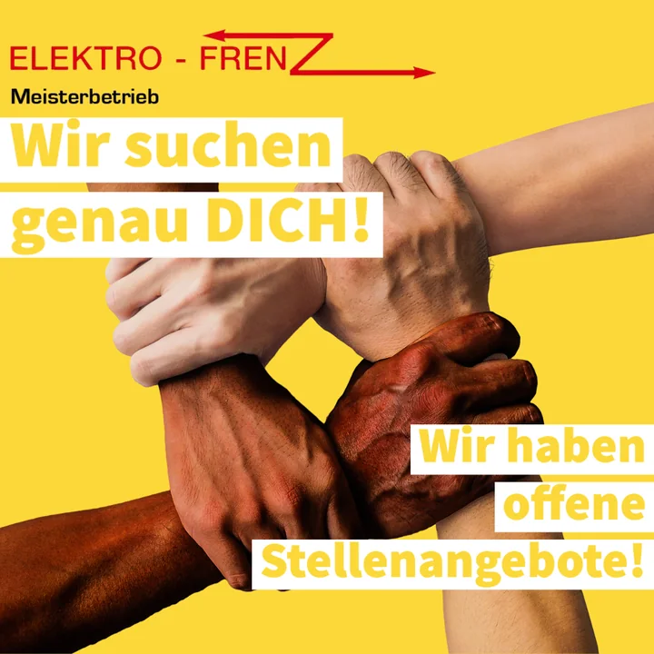 Vier ineinandergreifende Hände mit dem Aufruf: Wir suchen genau DICH – wir haben offene Stellenangebote.